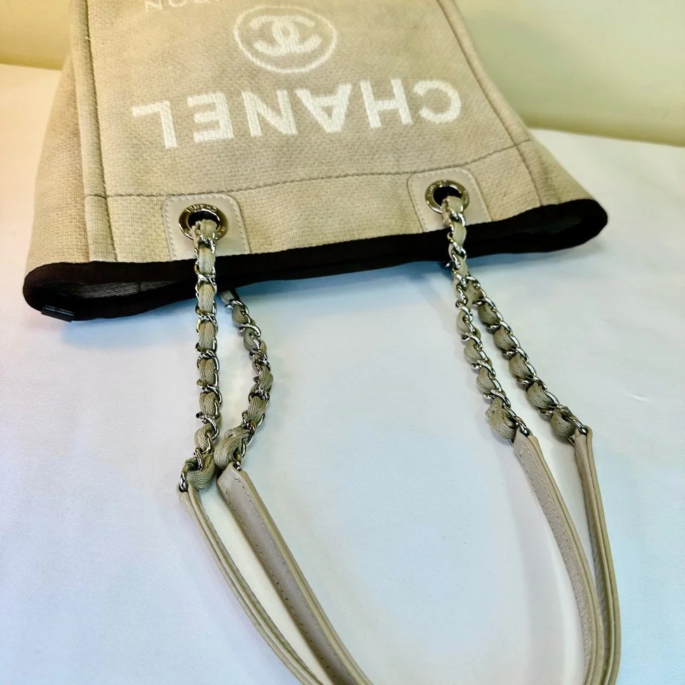 CHANEL CC Deauville Tan Canvas Small Tote SHW White Lettering COA - Picture 12 of 16